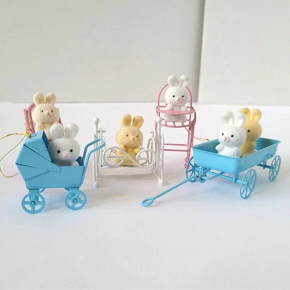 Vtg Flocked Easter Bunny Ornaments Miniature Metal Wagon Decor Kitsch Lot Of 7 - Picture 3 of 7